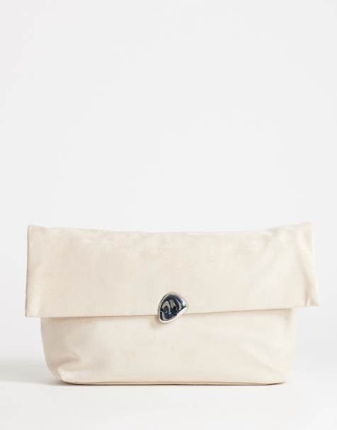 Topshop Gaia oversized suedette clutch bag with hardware in beige - view 1