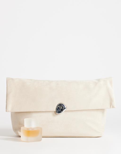 Topshop Gaia oversized suedette clutch bag with hardware in beige, 2 of 4