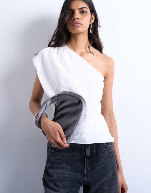 Topshop – Gail – Grå handväska i sammet med vridet handtag