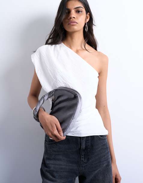 Topshop Gail twist handle velvet grab bag in slate grey - view 1