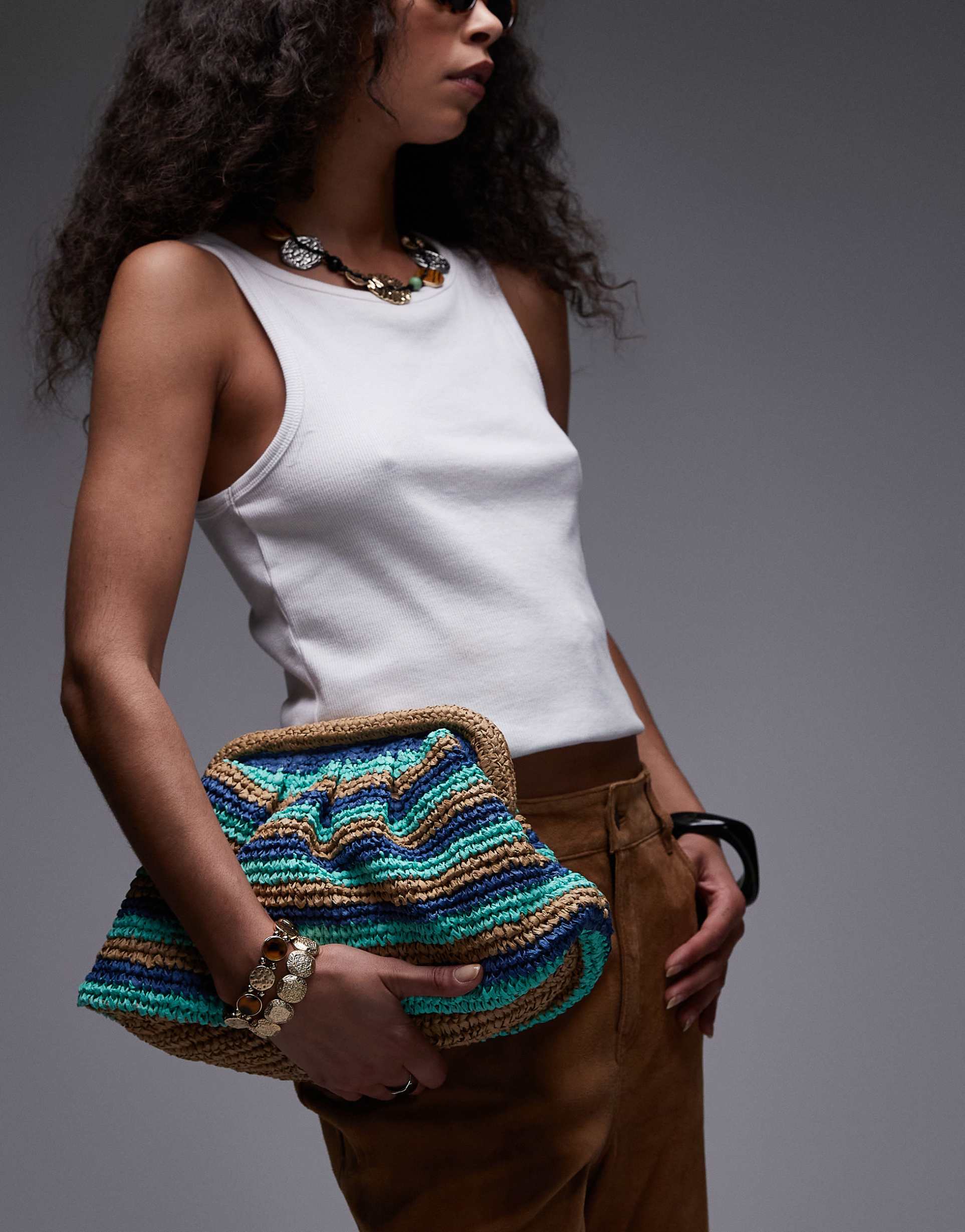 topshop galileo grab crochet bag in green stripe