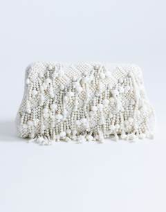 Garison bead and embellished clutch in white