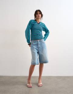 Model wearing Gather yoke seam long sleeve top blue stripe
