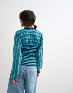 Model wearing Gather yoke seam long sleeve top blue stripe