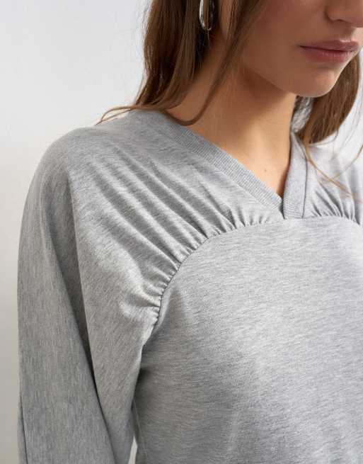 Topshop gather yoke seam long sleeve top in gray heather, 4 of 4