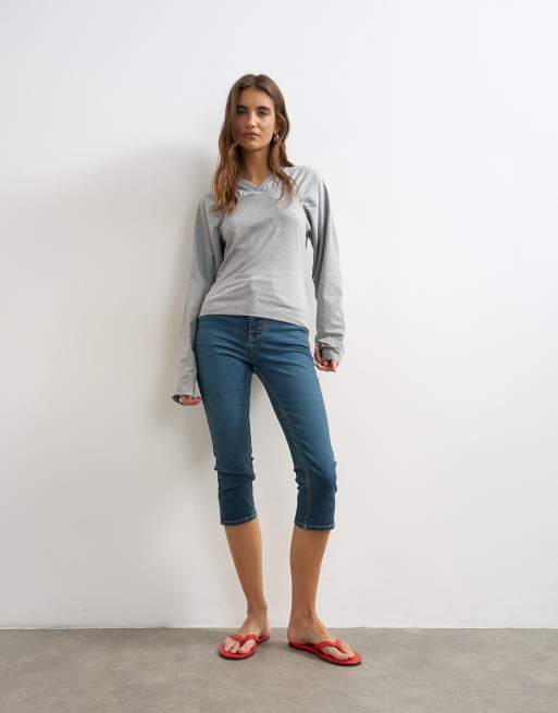 Topshop gather yoke seam long sleeve top in grey marl, 2 of 4