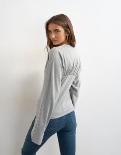 Model wearing Gather yoke seam long sleeve top in grey marl