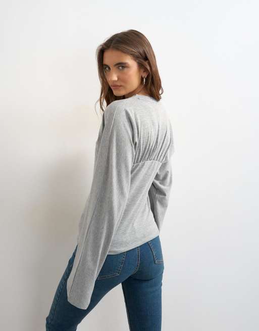 Topshop gather yoke seam long sleeve top in grey marl, 3 of 4