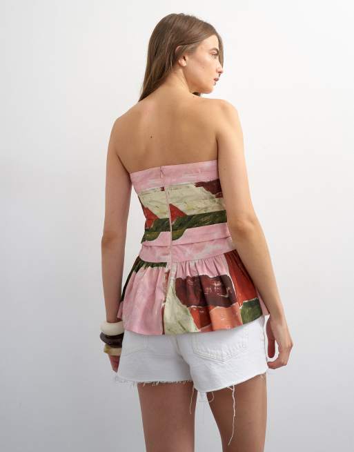 Topshop gathered bust bandeau top with peplum hem in abstract print, 3 of 4