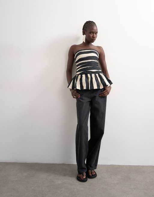 Topshop gathered bust bandeau with peplum hem in mono stripe, 4 of 4