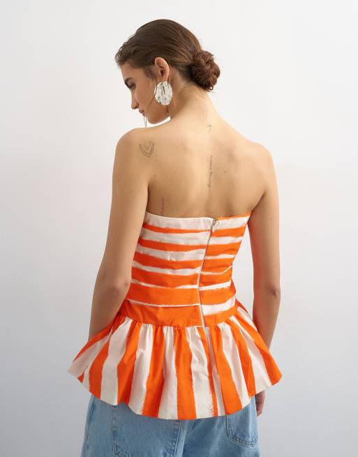 Topshop gathered bust bandeau with peplum hem in orange stripe, 4 of 4