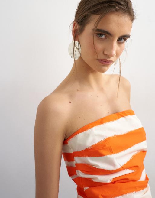 Topshop gathered bust bandeau with peplum hem in orange striped print, 3 of 4