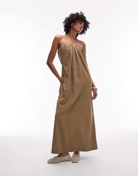 Topshop gathered bust structured poplin bandeau midi dress in clay - view 1
