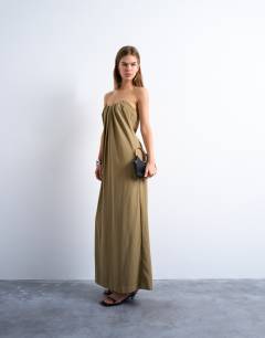 Gathered bust structured poplin bandeau midi dress in clay