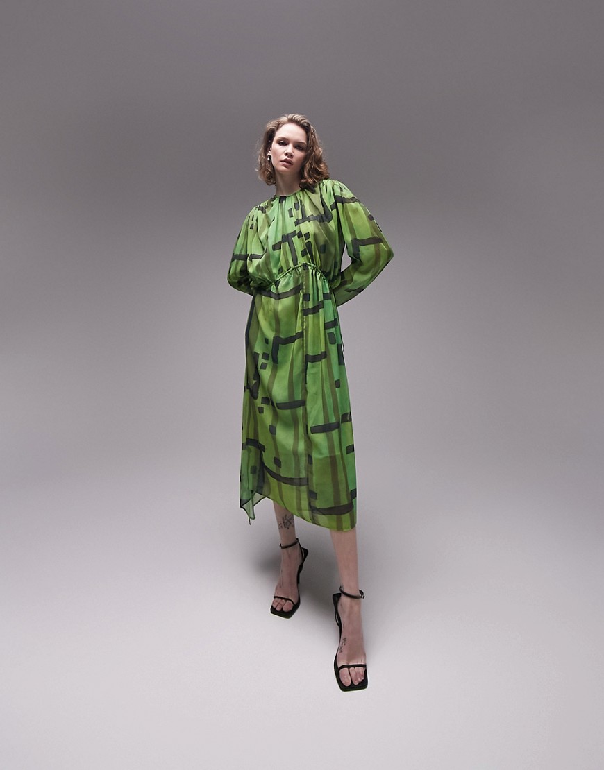 Topshop gathered channel waisted hanky hem printed midi dress in green