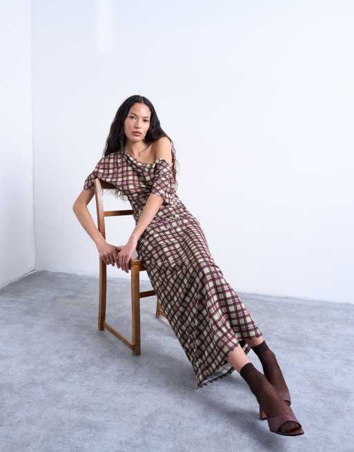 Topshop gathered detail mesh maxi skirt in plaid, 4 of 5