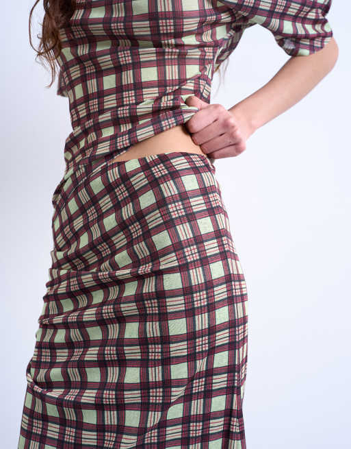 Topshop gathered detail mesh maxi skirt in plaid, 5 of 5