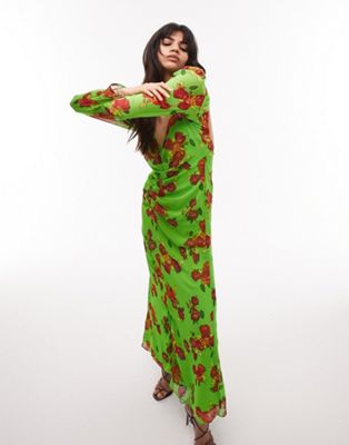 Topshop gathered floral open back long sleeve maxi dress in green