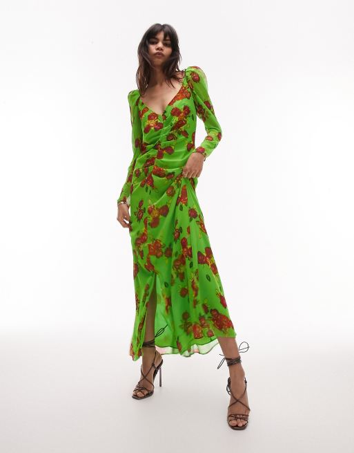 Green long sale sleeve floral dress