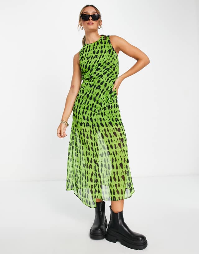 Topshop gathered printed blurred spot midi dress in green