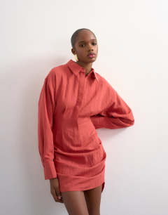 Gathered skirt mini shirt dress in rust