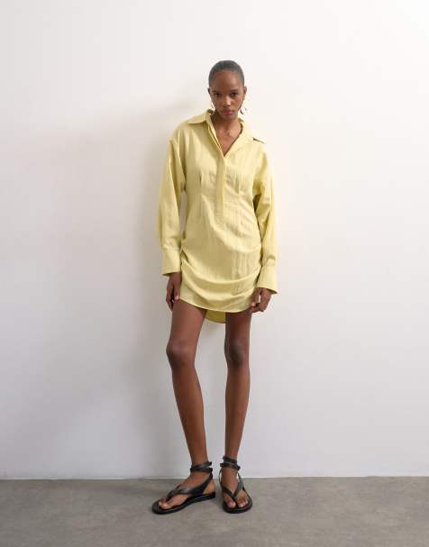 Topshop gathered skirt mini shirt dress in yellow - view 1