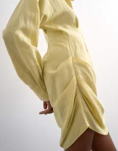 Model wearing Gathered skirt mini shirt dress in yellow