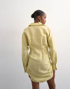 Model wearing Gathered skirt mini shirt dress in yellow