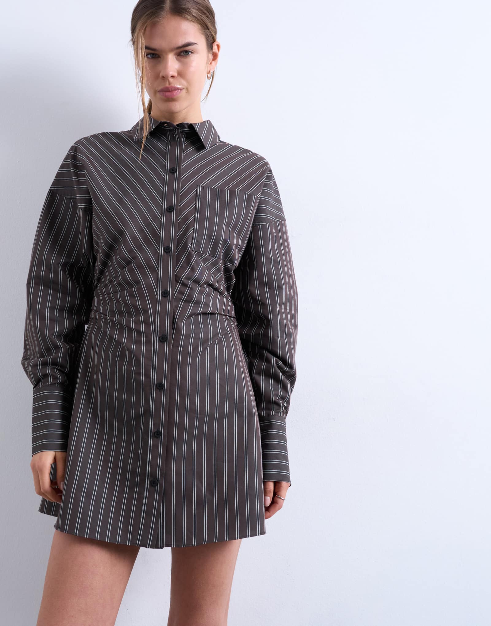 Платье-рубашка Topshop с присборенной талией и длинным рукавом в бордовую полоску от Topshop