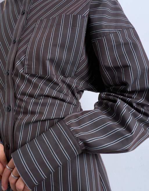 Topshop gathered waist long sleeve shirt dress in burgundy stripes