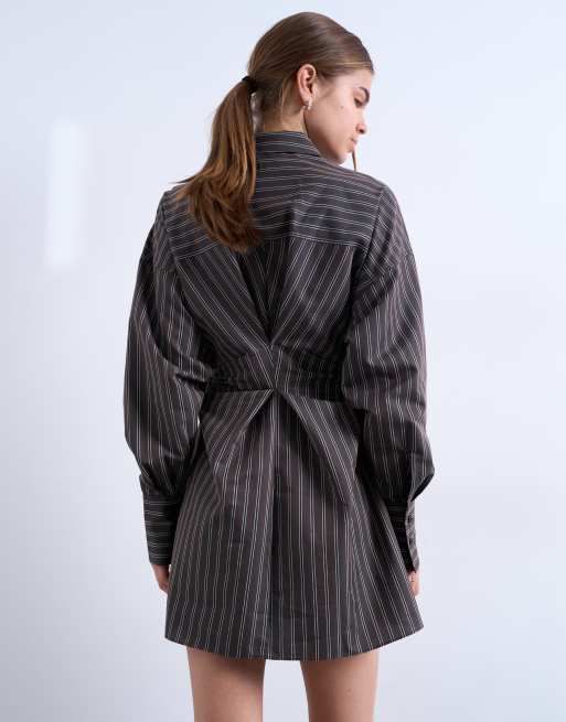 Topshop gathered waist long sleeve shirt dress in burgundy stripes