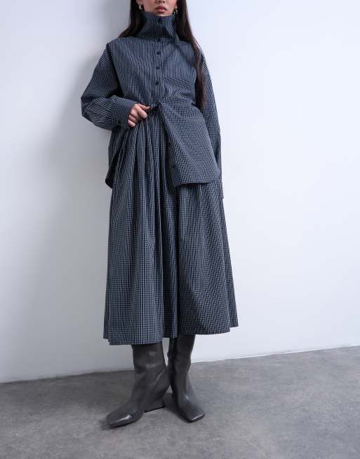 Topshop gathered waist plaid midi skirt in navy, 3 of 5