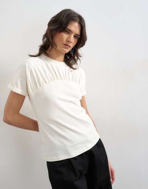 Topshop gathered yoke cap sleeve t-shirt in ecru - view 1
