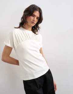 Gathered yoke cap sleeve t-shirt in ecru