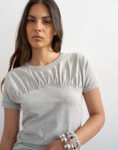 Model wearing Gathered yoke cap sleeve t-shirt in grey marl