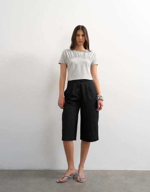 Topshop gathered yoke cap sleeve t-shirt in grey marl, 2 of 4