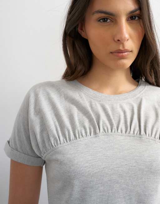 Topshop gathered yoke cap sleeve t-shirt in grey marl, 3 of 4