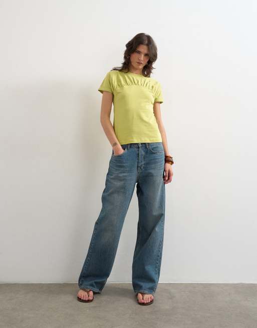 Topshop gathered yoke cap sleeve T-shirt in lime, 2 of 4