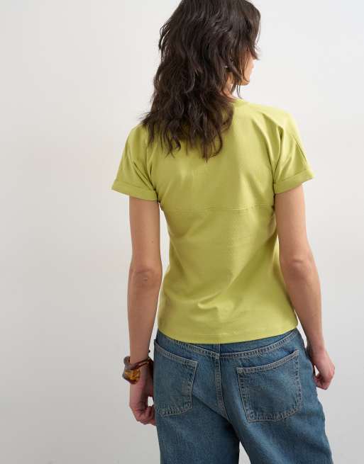 Topshop gathered yoke cap sleeve T-shirt in lime, 4 of 4