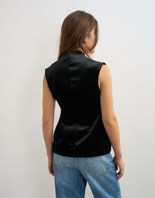 Topshop gebondete Samtweste in Schwarz, 3 von 4