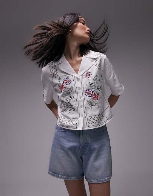 Topshop - Geborduurd cropped overhemd met korte mouwen in wit