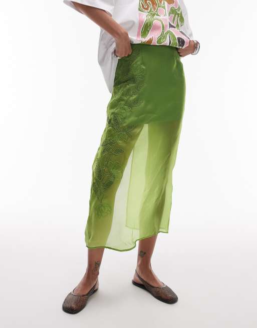 Topshop - Geborduurde midi rok van organza in groen, 3 van 5