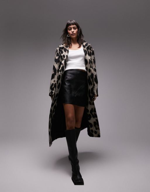 Topshop - Geborstelde nette jas met lange pasvorm in luipaardprint 