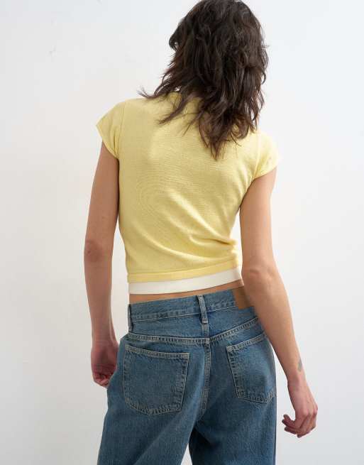 Topshop - Gebreid dubbellaags T-shirt in geel, 4 van 4