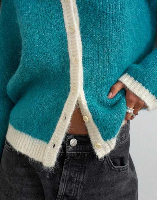 Topshop gebreid fluffy eyelash vest in teal met contrasterende afwerking, 2 van 4