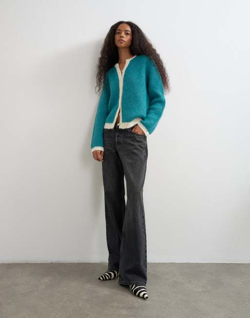 Topshop gebreid fluffy eyelash vest in teal met contrasterende afwerking, 3 van 4