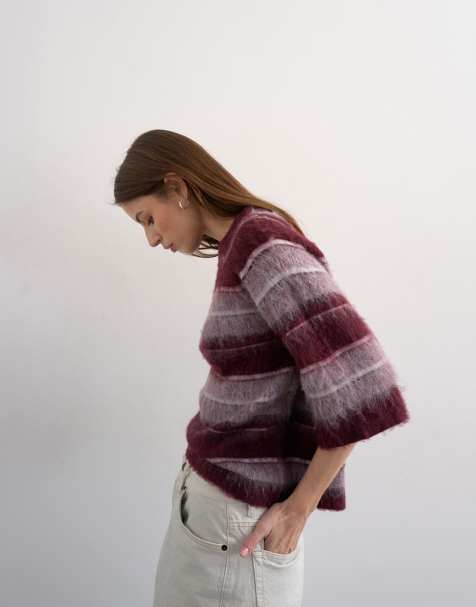 Topshop - Gebreid gestreept T-shirt met halflange mouwen in bordeauxrood - view 1