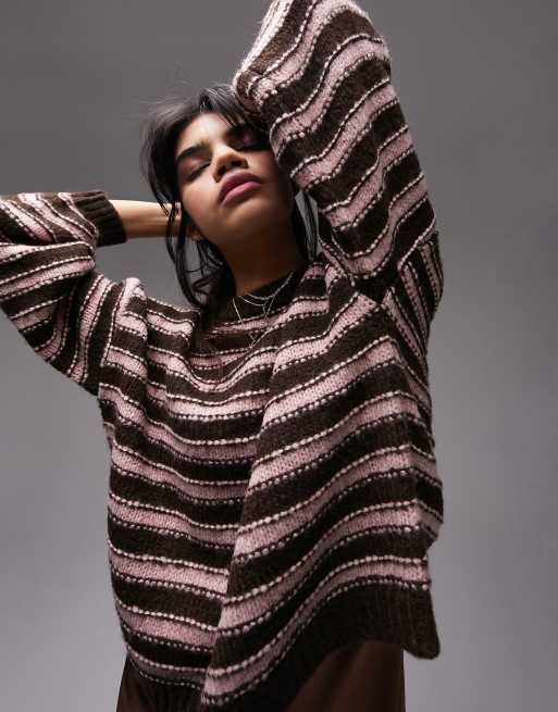 Topshop - Gebreid, gestreept trui met textuur in chocoladebruin en roze