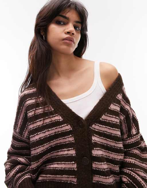 Topshop - Gebreid, gestreept vest met textuur in chocoladebruin en roze, 2 van 4