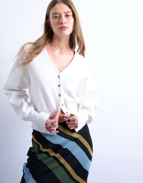 Topshop - Gebreid getailleerd vest met V-hals en lange pasvorm in ivoorwit - view 1